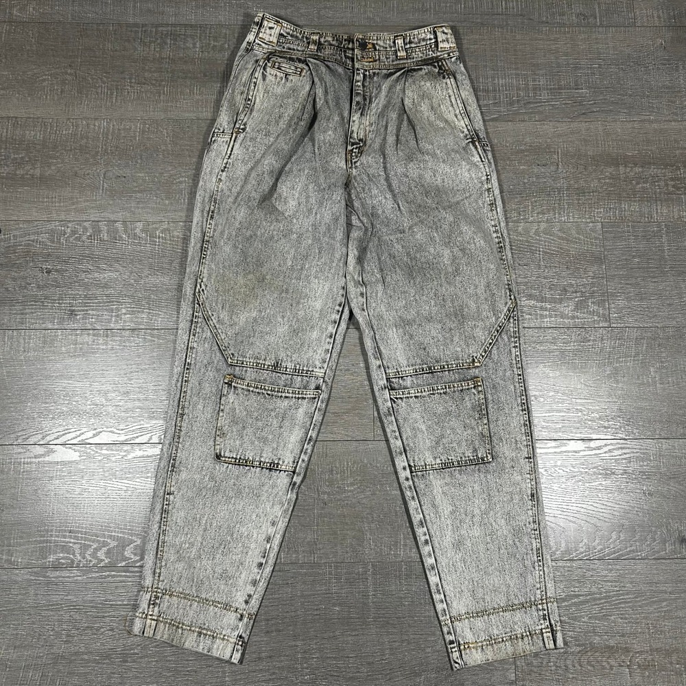 Vintage Blue Zone Acid Wash Double Knee Pleated Jeans Gray 33L Made in Hong Kong